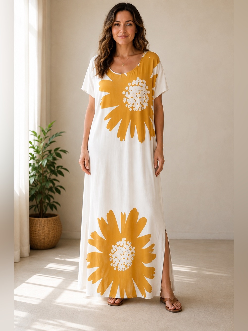 MISSLOOK Women XL Floral Maxi Dress Mustard White Boho Resort Vacation Summer